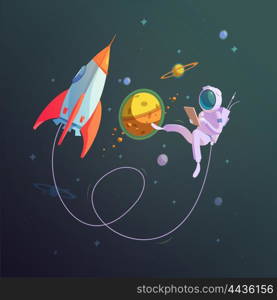 Open Space Background . Open space background with rocket and cosmonaut in a spacesuit cartoon vector illustration