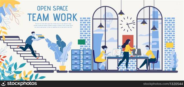 Open Space Coworking Office Adapted for Business Teamwork Flat Vector Ad Banner with Busy Businesspeople, Company Employees Working Hard on Project, Office Worker Hurrying with Documents Illustration