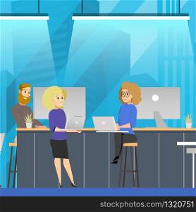 Open Space Coworking Team Communication Concept. Young Freelancer Talking in Modern Office by Laptop. Creative Collaboration Teamwork. Flat Cartoon Vector Illustration. Open Space Coworking Team Communication Concept
