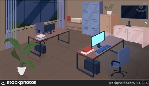 Open space office at night flat color vector illustration. Modern company workspace 2D cartoon interior design with furniture on background. Empty coworking center decor with no people. Open space office at night flat color vector illustration