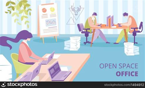Open Space Office, Coworking Center Flat Vector Advertising Banner or Poster Template. Employees Sitting at Workplaces, Working on Computers, Freelancer Typing on Laptop, Doing Paperwork Illustration