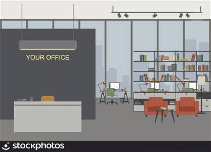 Open space office illustration in flat style with working places, bookshelf and lounge zone.