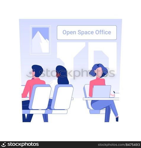 Open space office isolated concept vector illustration. Group of diverse employees working side-by-side in open space office, corporate business, workers lifestyle vector concept.. Open space office isolated concept vector illustration.