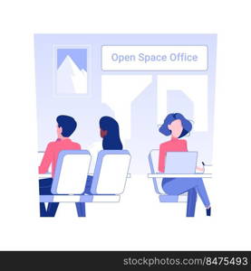 Open space office isolated concept vector illustration. Group of diverse employees working side-by-side in open space office, corporate business, workers lifestyle vector concept.. Open space office isolated concept vector illustration.