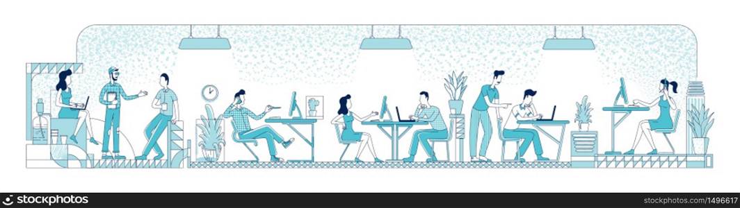 Open space office workers flat silhouette vector illustration. Business people, corporate workers outline characters on white background. Busy employees at coworking place simple style drawing