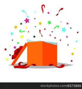 Open square gift box with bow and stars that pop-up out of it on white background. Present package with bursting elements, surprise inside. Celebrate holidays and exchange gifts isolated vector. Open Gift Box Illustration. Holiday Collection
