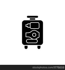 Open suitcase black glyph icon. Luggage with cosmetic and hygiene amenities for trip. Essential things for tourist. Travel size objects. Silhouette symbol on white space. Vector isolated illustration. Open suitcase black glyph icon