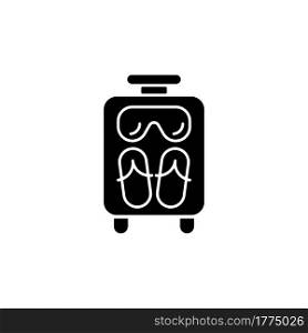 Open suitcase for summer vacation black glyph icon. Portable amenities to bring to sea resort. Things for tourist. Travel size objects. Silhouette symbol on white space. Vector isolated illustration. Open suitcase for summer vacation black glyph icon