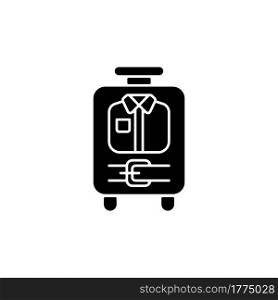 Open suitcase with clothing black glyph icon. Garments and apparel in traveller baggage. Things for tourist. Travel size objects. Silhouette symbol on white space. Vector isolated illustration. Open suitcase with clothing black glyph icon
