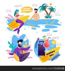 Open Summer and Surfing Season Advertisement Set. Flat Banner Template with Cartoon People Characters and Mermaid. Metaphor Promotion Illustration. Tourists, Siren and Travel Accessories. Open Summer and Surfing Season Advertising Set