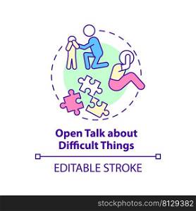 Open talk about difficult things concept icon. Positive communication abstract idea thin line illustration. Isolated outline drawing. Editable stroke. Arial, Myriad Pro-Bold fonts used. Open talk about difficult things concept icon