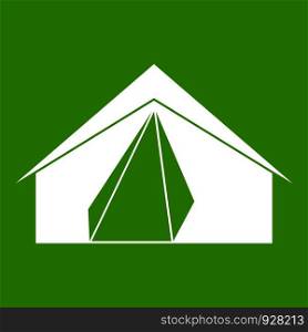 Open tent icon white isolated on green background. Vector illustration. Open tent icon green