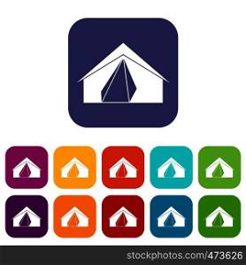 Open tent icons set vector illustration in flat style In colors red, blue, green and other. Open tent icons set flat