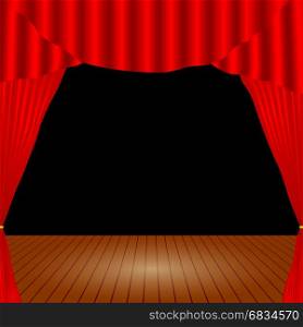 Open theater curtain. Cartoon theater. Theater curtain. Open theater curtain. Red silk side scenes on stage. Stock vector