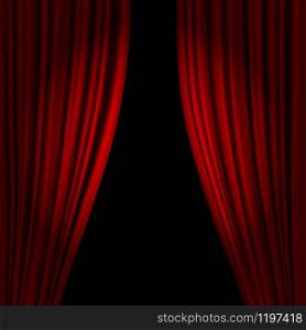 Open theatrical stage curtain. Realistic circus or opera curtains, stage red dramatic drapery. Scarlet velvet curtains in spotlight vector illustration. Circus and movie hall, standup classic interior scene. Open theatrical stage curtain. Realistic circus or opera curtains, stage red dramatic drapery. Scarlet velvet curtains in spotlight vector illustration
