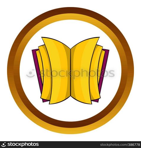Open thick book vector icon in golden circle, cartoon style isolated on white background. Open thick book vector icon