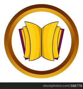 Open thick book vector icon in golden circle, cartoon style isolated on white background. Open thick book vector icon