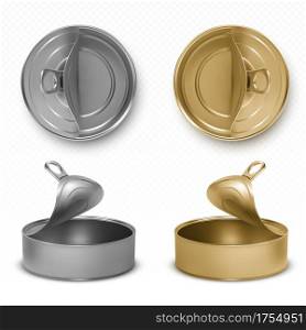 Open tin cans, fish or pet food mockup with pull ring top and front view. Empty gray and yellow canned round open key metal jars, isolated aluminium preserve canisters, Realistic 3d vector icons set. Open tin cans, pet food mockup jars with pull ring