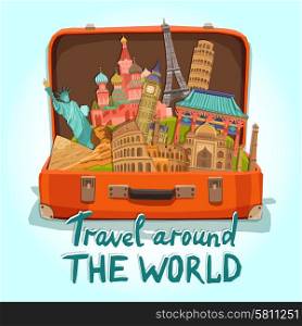 Open tourist suitcase with world heritage international landmarks set vector illustration. Tourist Suitcase Illustration