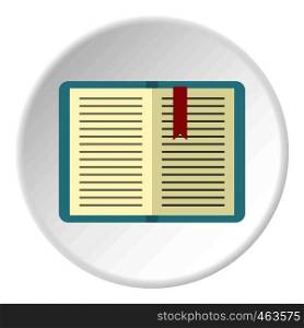 Open tutorial with bookmark icon in flat circle isolated vector illustration for web. Open tutorial with bookmark icon circle