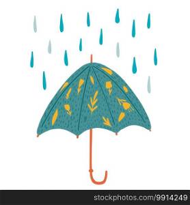 Open umbrellas with flowers and rain isolated on white background. Abstract umbrellas turquoise color in style doodle vector illustration.. Open umbrellas with flowers and rain isolated on white background. Abstract umbrellas turquoise color in style doodle.