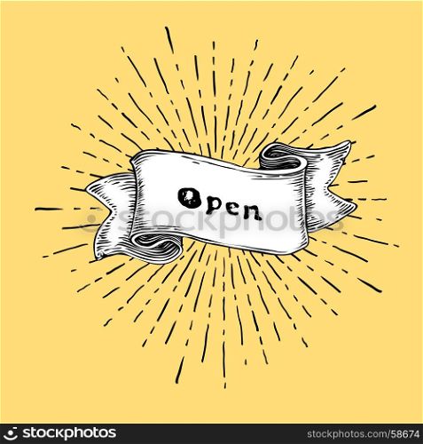"Open. Vintage sign. "Open" word on ribbon with rays. Vintage vector illustration"