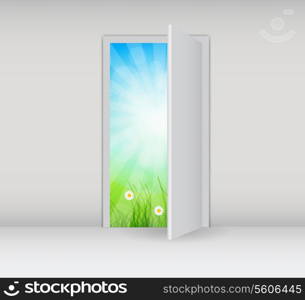 Open white door on a white wall with nature vector illustration