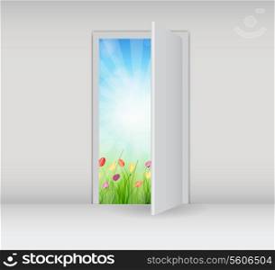Open white door on a white wall with nature vector illustration