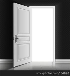 Open white entrance door. Business success vector concept background. Business chance and hope in open door illustration. Open white entrance door. Business success vector concept background