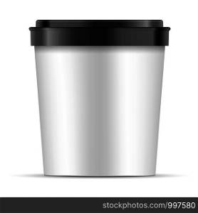 Open white Paper or Plastic Cup with black lid For Dessert, Yogurt, Ice Cream, Sour cream Or Snack. Tub Food Container Illustration Isolated On White Background. Mock Up Template Ready For Your Design. Vector EPS10. Open white Paper Cup with black lid For Dessert