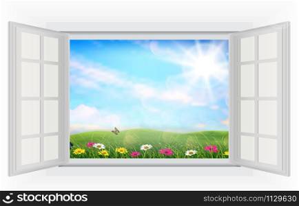 Open window beautifully spring meadow colorful flowers