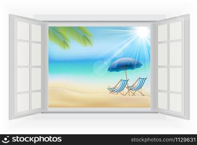Open window, in the Daytime with summer background on beach. Vector illustrations
