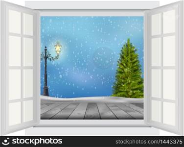 Open window of Christmas tree and lamp post on winter background. Vector