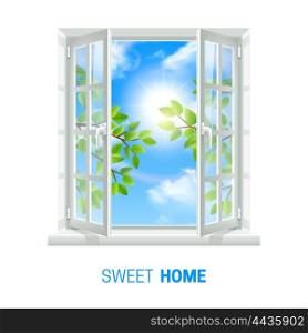 Open Window Sunny Day realistic Icon . Open white window on bright sunny day realistic indoor view icon with green leaves outside vector illustration