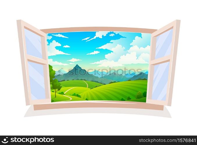 Open window. View from wooden window on landscape, sunny day scene, hill field and mountain, land and cloudy blue sky, wild nature grass and forest countryside background with tree vector illustration. Open window. View from wooden window on landscape, sunny day scene, hill field and mountain, land and cloudy sky, wild nature grass and forest countryside background vector illustration