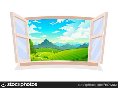 Open window. View from wooden window on landscape, sunny day scene, hill field and mountain, land and cloudy blue sky, wild nature grass and forest countryside background with tree vector illustration. Open window. View from wooden window on landscape, sunny day scene, hill field and mountain, land and cloudy sky, wild nature grass and forest countryside background vector illustration