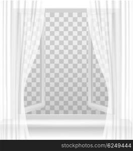 Open window with curtains on a transparent background. Vector.