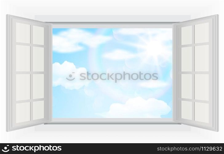 Open window, with real bright sunlight, clouds and blue sky