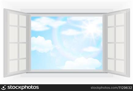 Open window, with real bright sunlight, clouds and blue sky