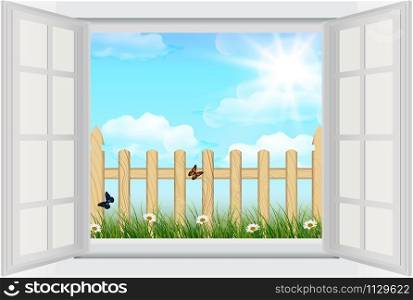 Open window with Spring background, grass and wooden fence