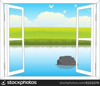 Open window with view on beautiful year landscape. Window in nature