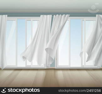 Open window with white frame and lightweight clear curtains billowing on wind, wooden floor vector illustration. Billowing Curtains Open Window Illustration