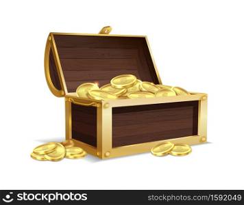 Open wooden chest. Ancient full of gold shiny coins in large open trunk, medieval mystery pirate treasures, success trophy or winning prize symbol illustration for game cartoon vector isolated icon. Open wooden chest. Ancient gold shiny coins in large open trunk, medieval mystery pirate treasures, success trophy or winning prize symbol illustration for game cartoon vector icon