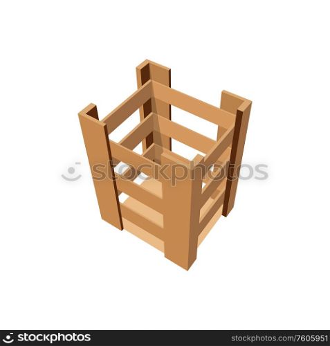Open wooden crate isolated high box of planks. Vector container to storage fruits and vegetables. Container to store vegetable isolated wooden crate