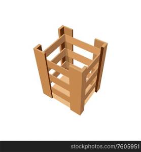 Open wooden crate isolated high box of planks. Vector container to storage fruits and vegetables. Container to store vegetable isolated wooden crate