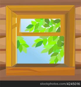 open wooden window farmhouse on a summer day