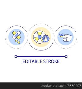 Open wounds danger at nuclear accident. Avoid radioactive dust. Healthcare loop concept icon. Abstract idea thin line illustration. Isolated outline drawing. Editable stroke. Arial font used. Open wounds danger at nuclear accident