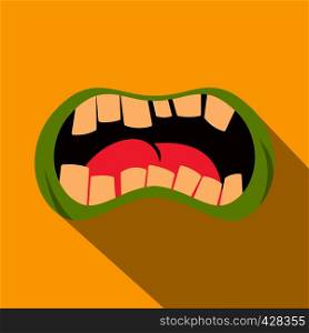 Open zombie mouth icon. Flat illustration of open zombie mouth vector icon for web isolated on yellow background. Open zombie mouth icon, flat style