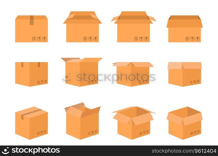 Opened and closed cardboard box. Vector illustration.