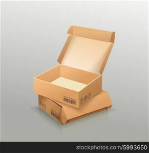 Opened and closed empty cardboard box, recycle brown box packaging. Vector illustration